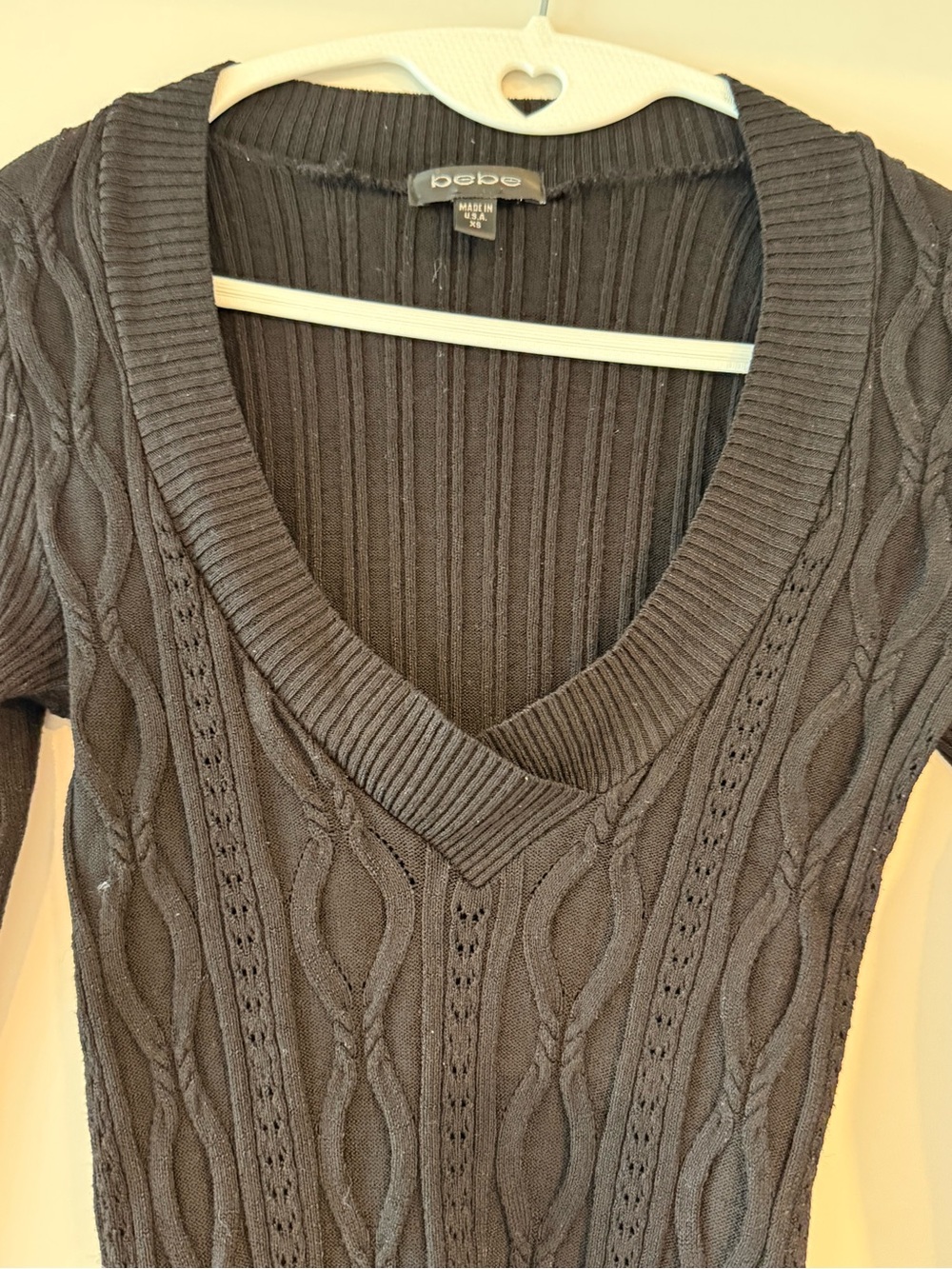 bebe Black Cable Knit V-Neck Slim Sweater - Picture 2 of 2
